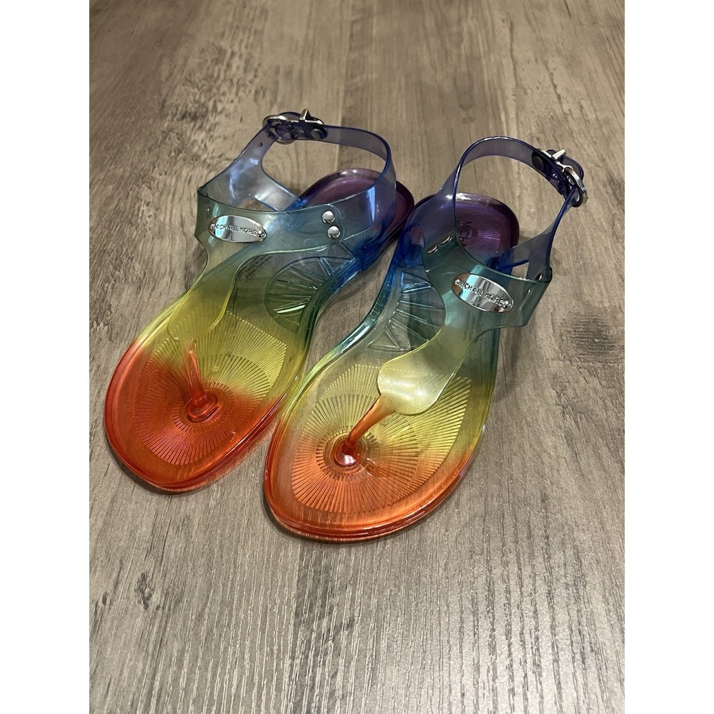 Michael Kors Harmony Girls Rainbow Jelly Sandals Sz 4 MK‎ Metal Tags & Buckles